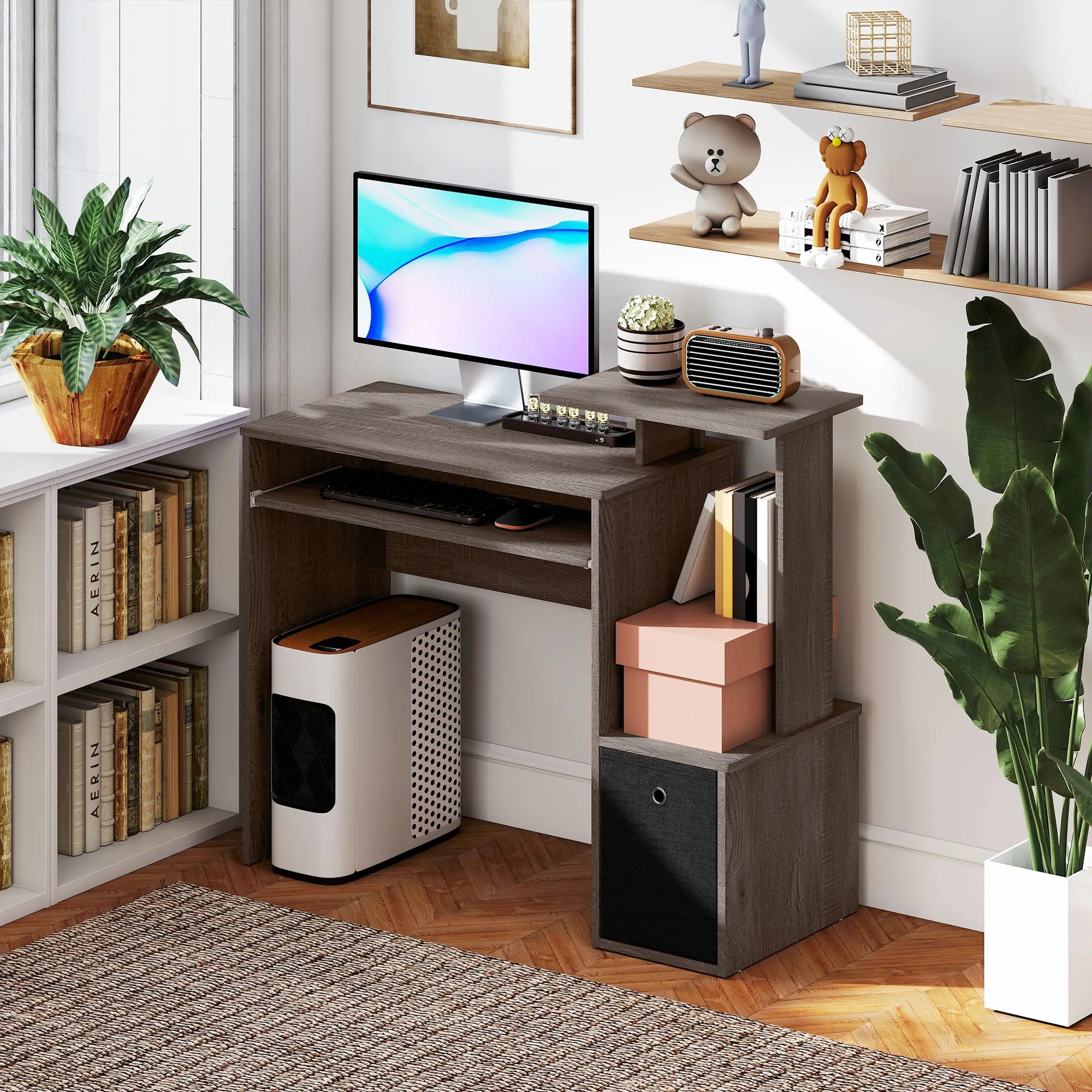 Computer Desk, Sliding Keyboard Tray, Storage Drawer, Grey Computer Desks at Gallery Canada