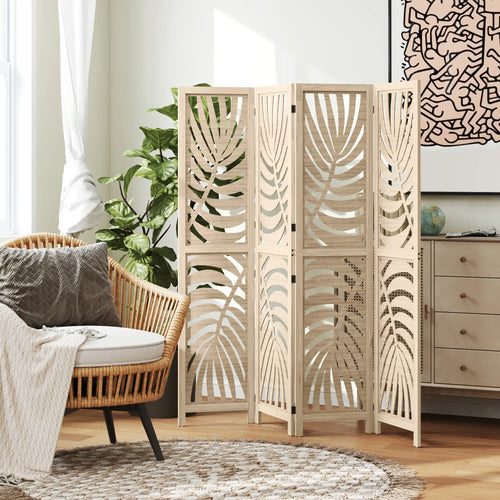 4 Panel Room Divider, Detachable Folding Privacy Screen, Palm Leaf Design, Natural Wood Finish