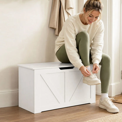 31.5 Inches Storage Chest with Safety Hinge, Wood Grain, White Storage Ottomans & Benches at Gallery Canada