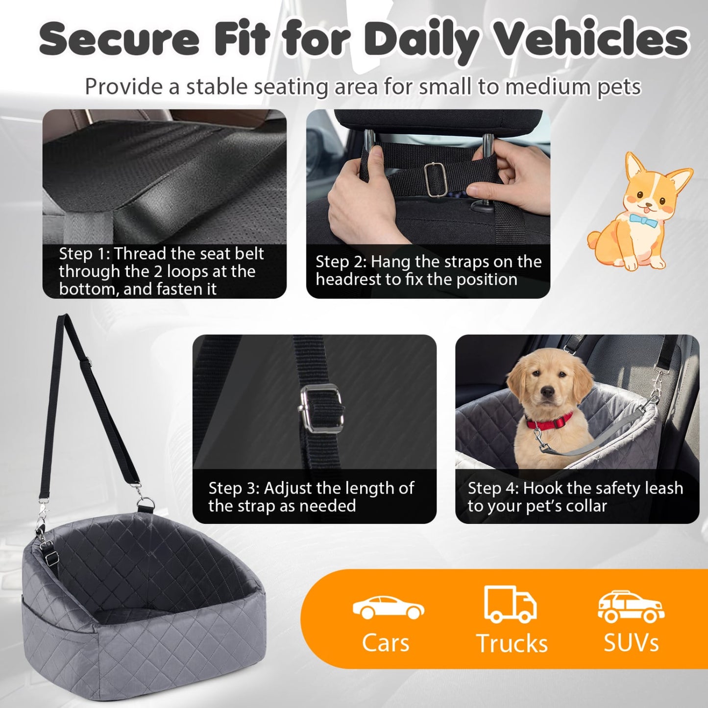 Dog Car Seat for Small Medium Pets with Safety Straps, Grey