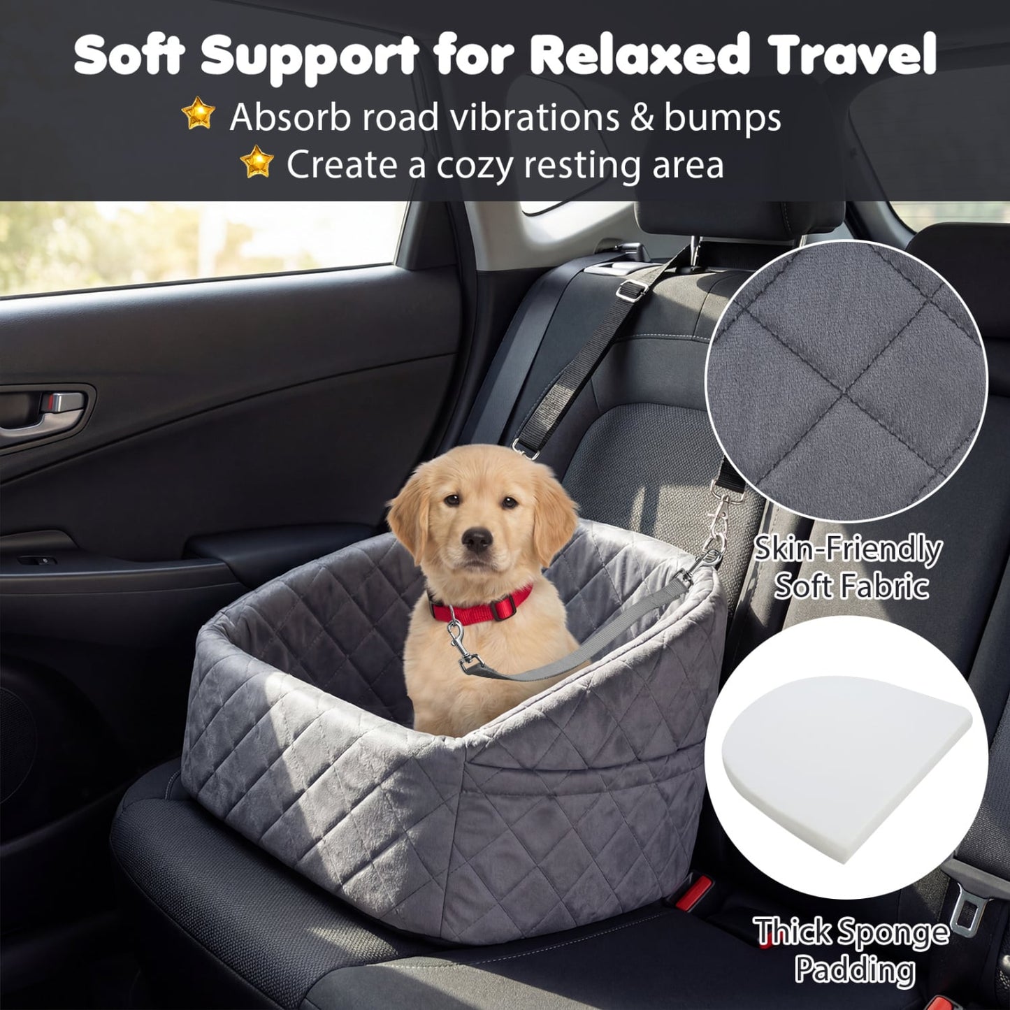 Dog Car Seat for Small Medium Pets with Safety Straps, Grey