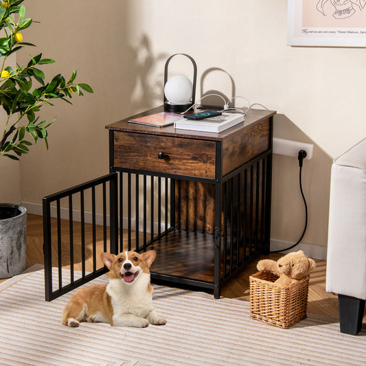 Dog Crate Furniture for Small Dogs Wooden Puppy Kennel with Charging Station, Rustic Brown Dog Kennels Rustic Brown at Gallery Canada