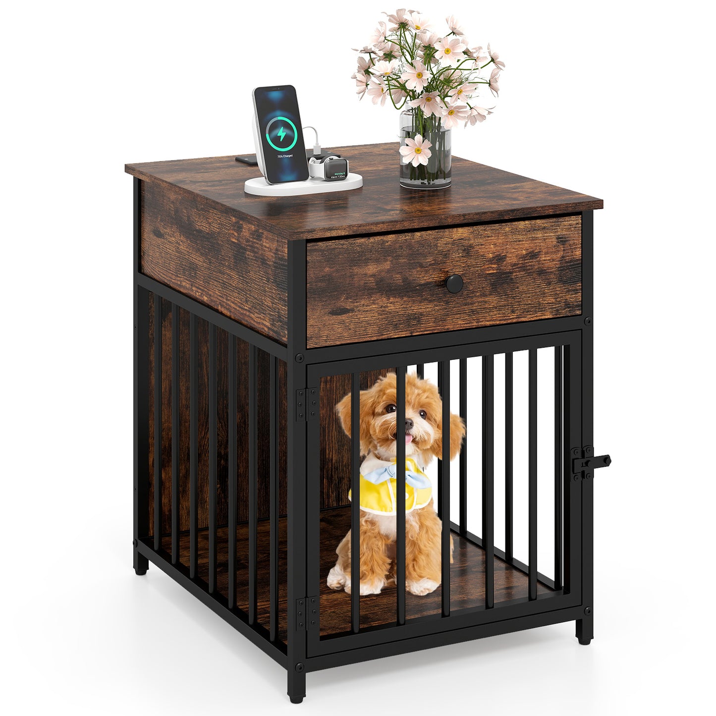 Dog Crate Furniture for Small Dogs Wooden Puppy Kennel with Charging Station, Rustic Brown Dog Kennels Rustic Brown at Gallery Canada
