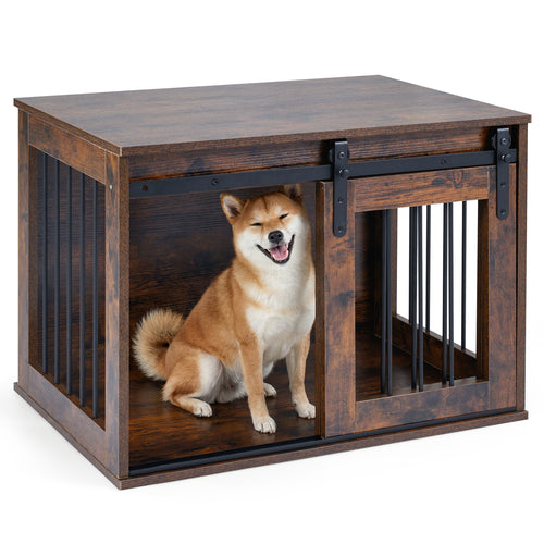 Heavy Duty Dog Crate Furniture, Sliding Barn Door, Brown