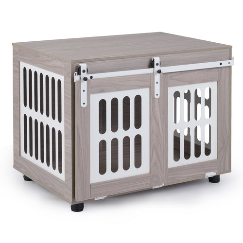 Small Medium Dog Crate Furniture, Sliding Barn Door, Gray