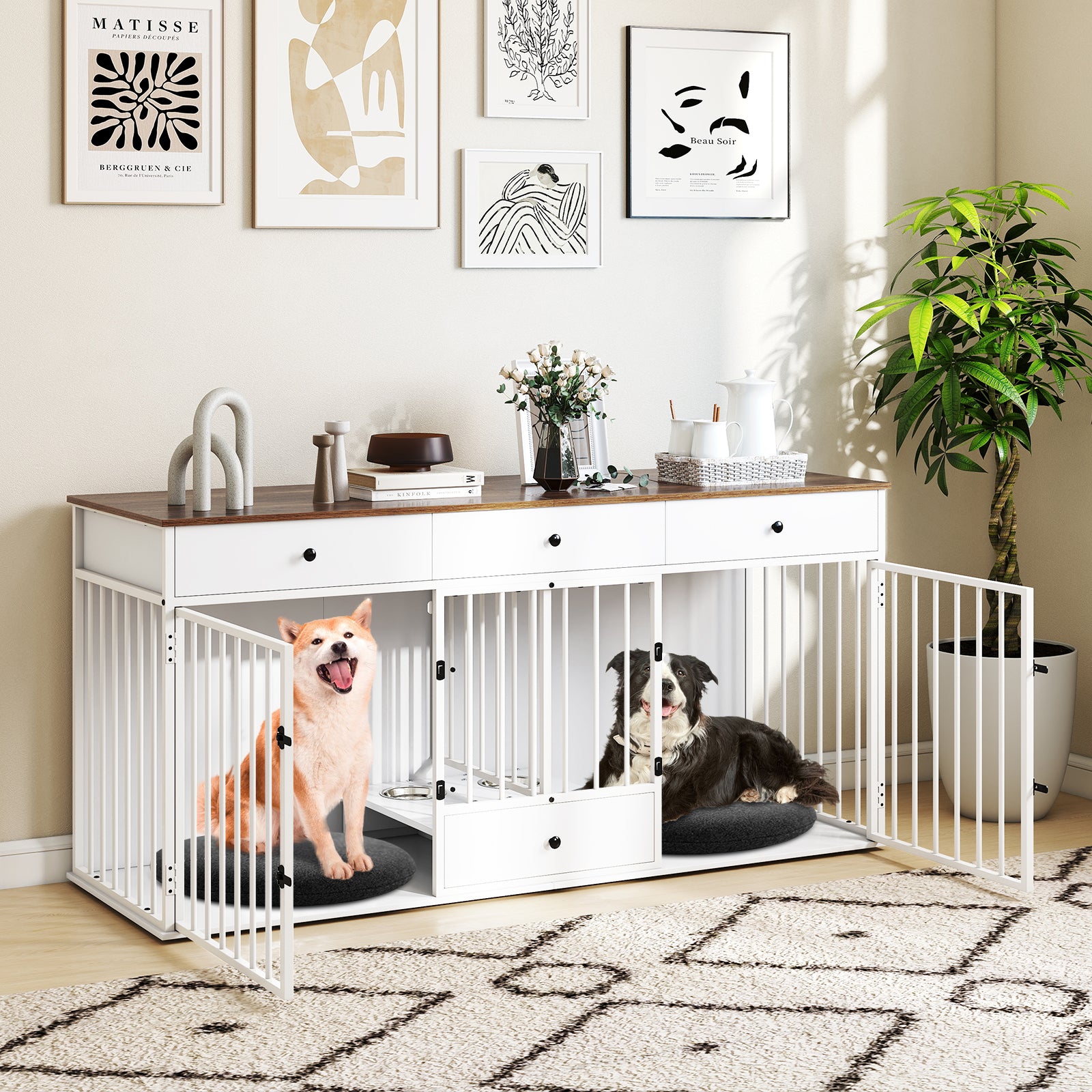 Modern Dog Crate Furniture, 3 Drawers With Pull-Out Feeder, White Dog Kennels at Gallery Canada