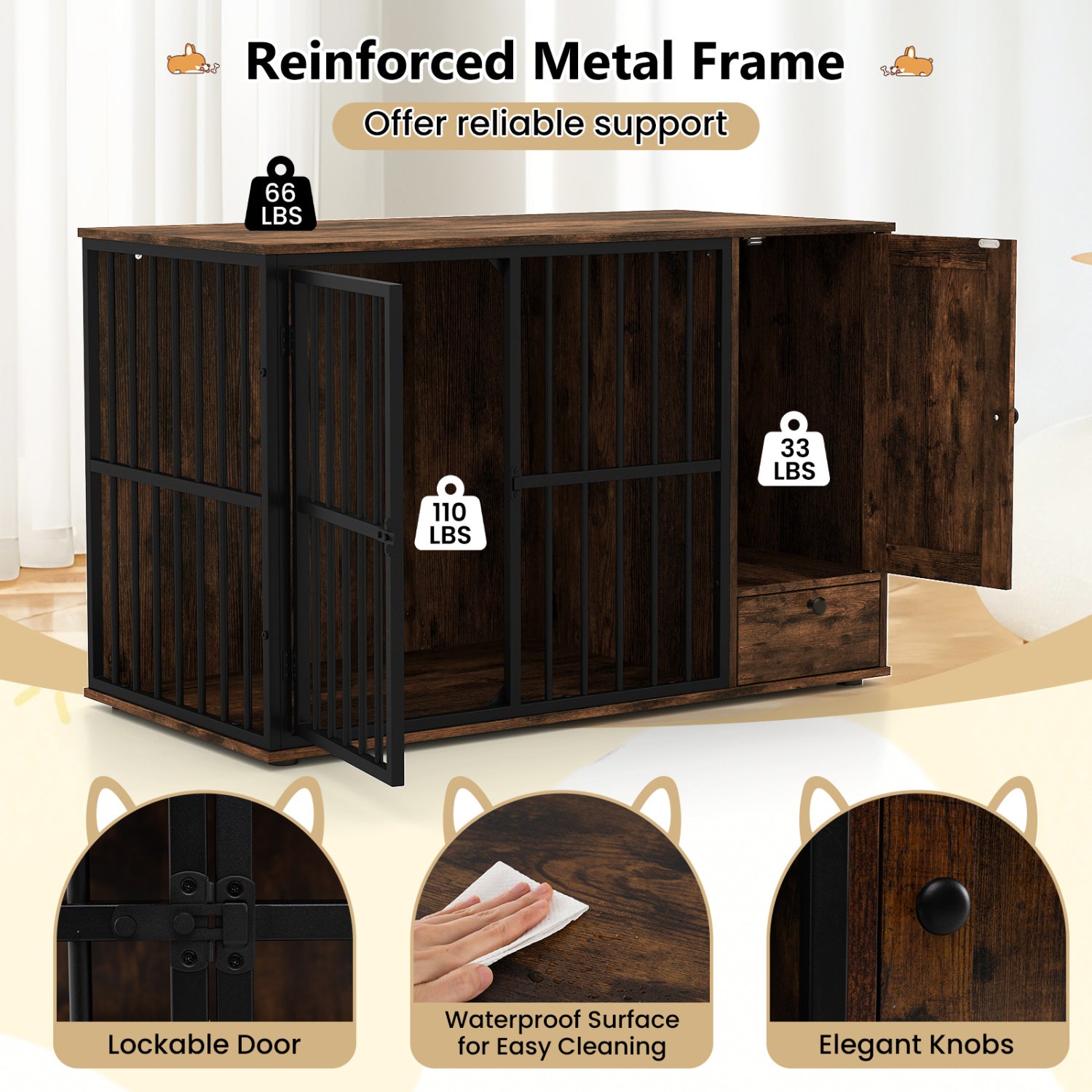 Dog Crate Furniture & Cooling Gel Dog Bed for Small and Medium Dogs, Brown Dog Kennels at Gallery Canada