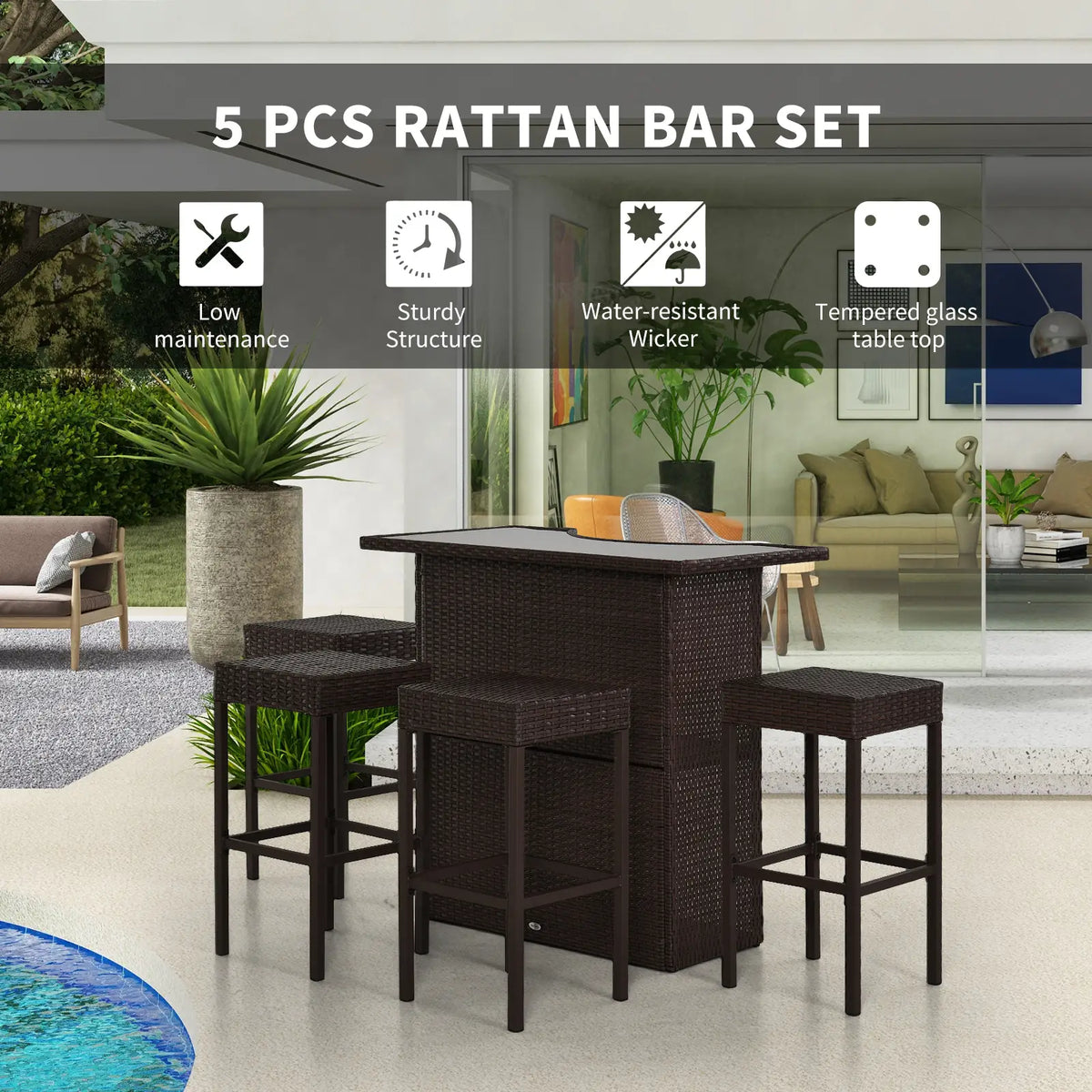 5 Pc Patio Bar Set, PE Rattan High Top Table & 4 Chairs, Dark Brown Bistro Sets at Gallery Canada