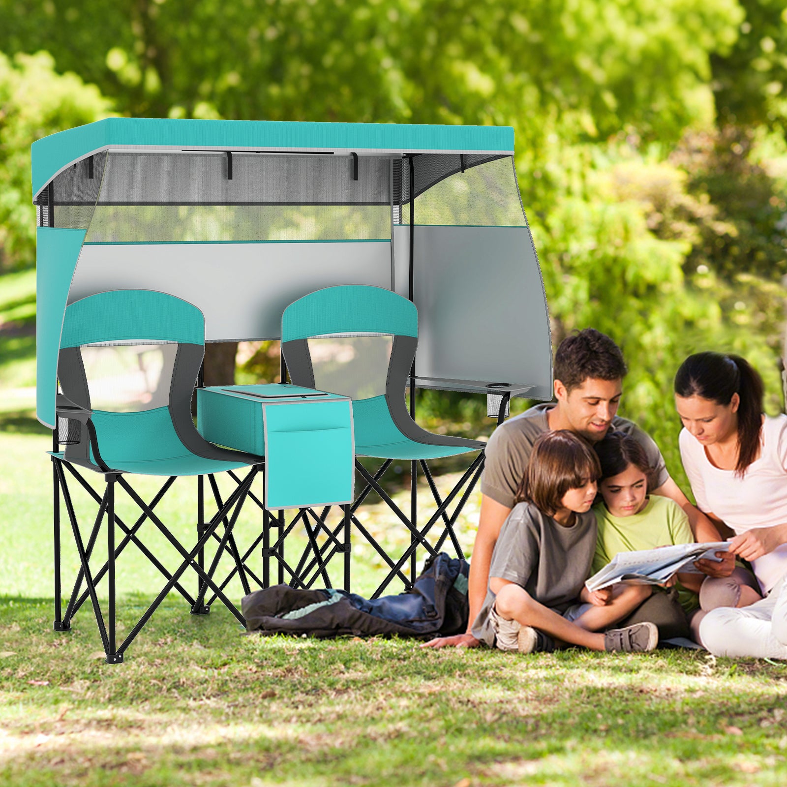 Double Beach Chair, Adjustable Canopy, 3-Side Shading Curtains, Turquoise Beach & Lawn Chairs at Gallery Canada