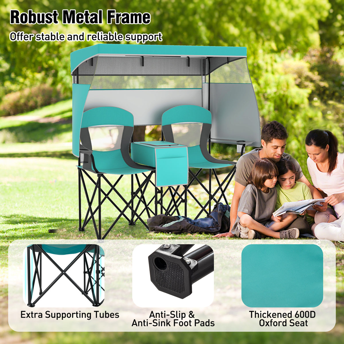 Double Beach Chair, Adjustable Canopy, 3-Side Shading Curtains, Turquoise Beach & Lawn Chairs at Gallery Canada