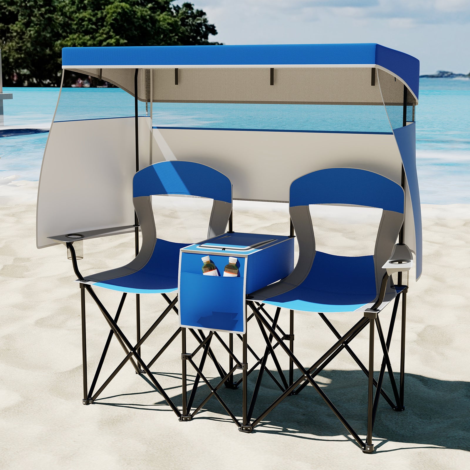 Double Beach Chair, Adjustable Canopy, 3-Side Shading Curtains, Navy Beach & Lawn Chairs at Gallery Canada