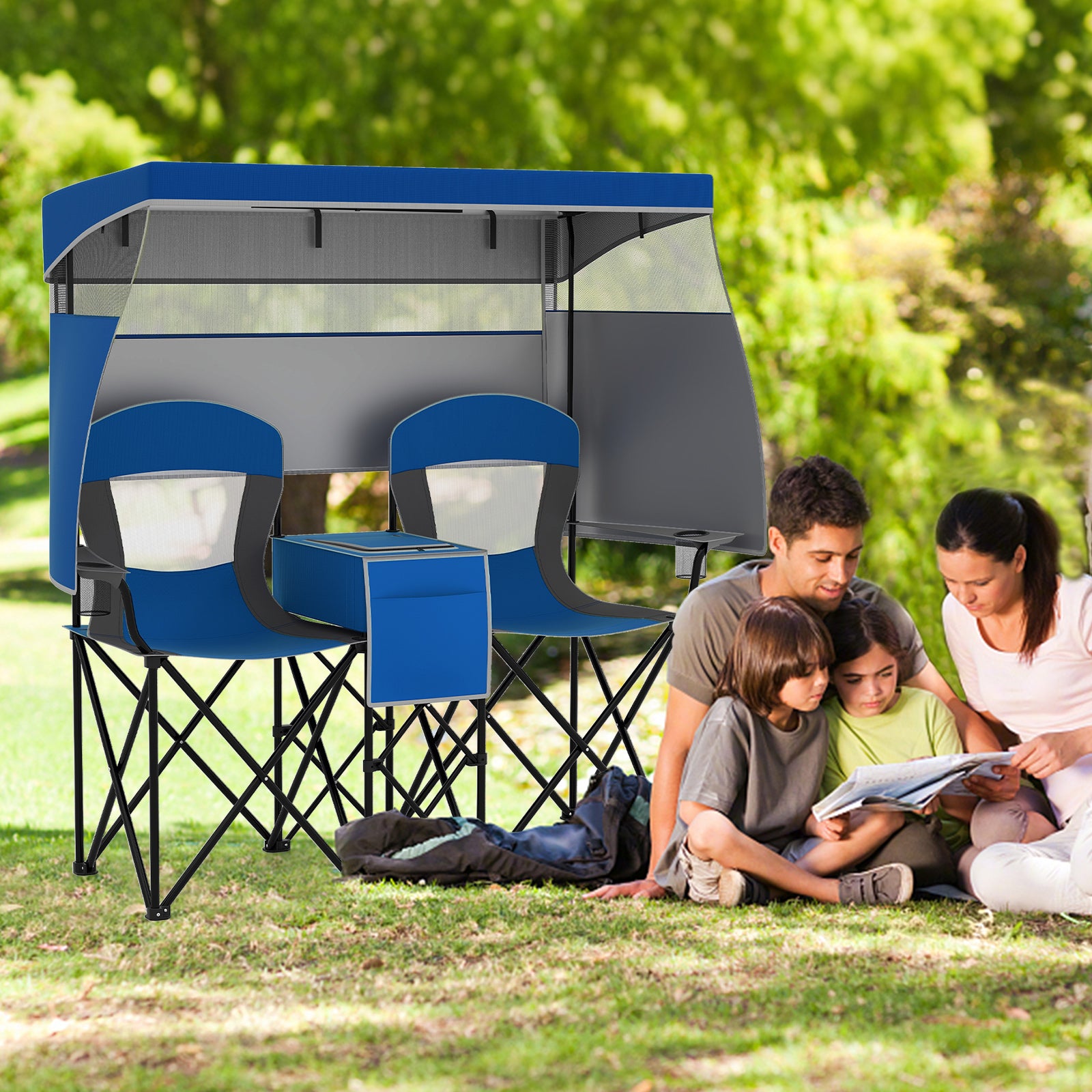 Double Beach Chair, Adjustable Canopy, 3-Side Shading Curtains, Navy Beach & Lawn Chairs at Gallery Canada