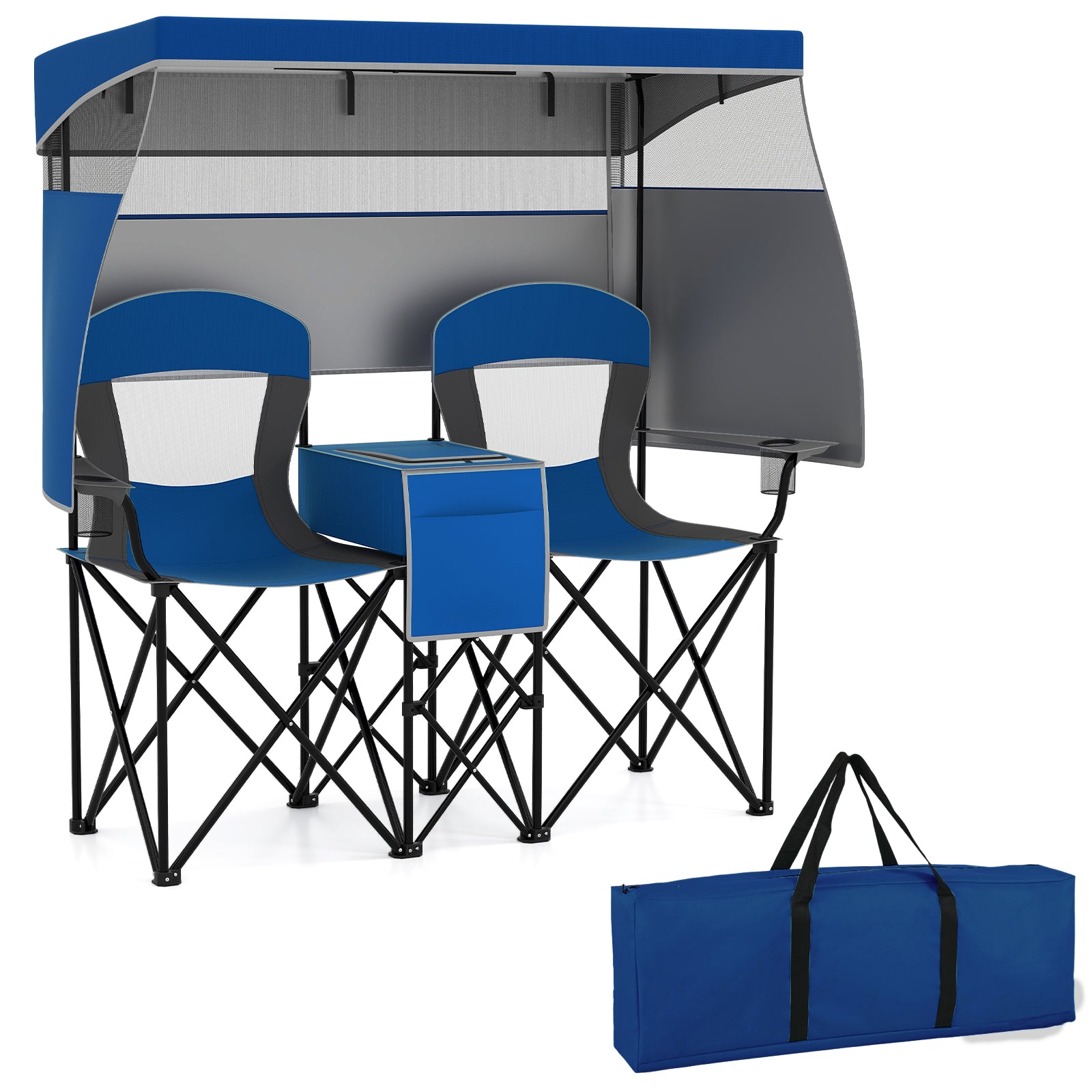 Double Beach Chair, Adjustable Canopy, 3-Side Shading Curtains, Navy Beach & Lawn Chairs at Gallery Canada