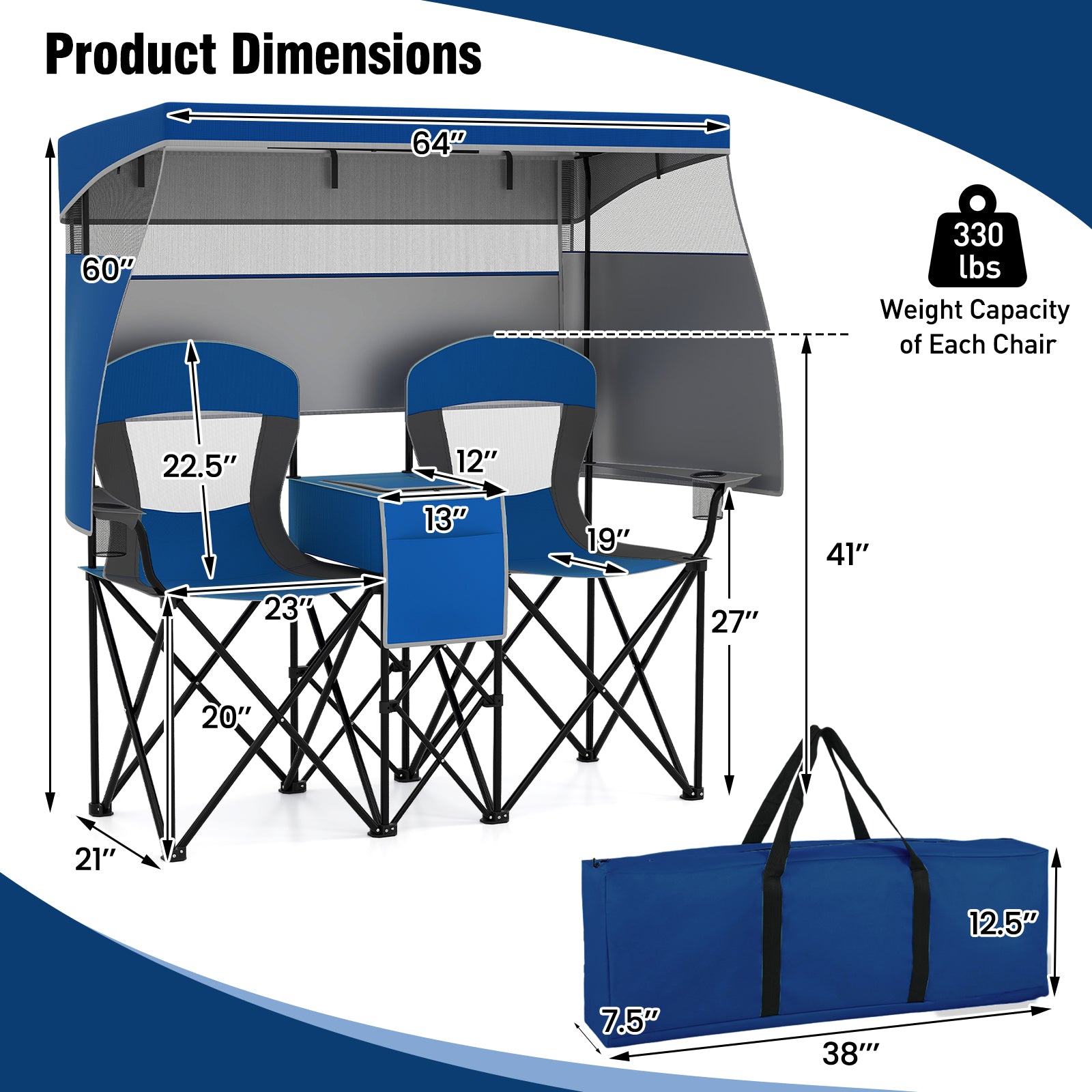 Double Beach Chair, Adjustable Canopy, 3-Side Shading Curtains, Navy Beach & Lawn Chairs at Gallery Canada