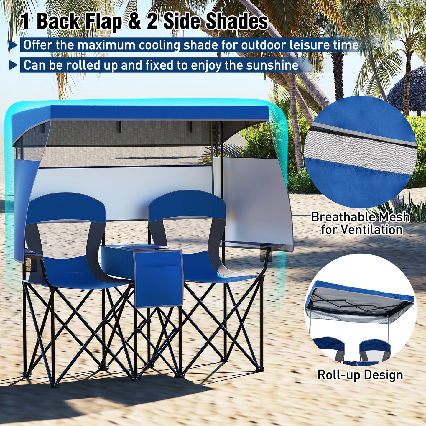 Double Beach Chair, Adjustable Canopy, 3-Side Shading Curtains, Navy Beach & Lawn Chairs at Gallery Canada