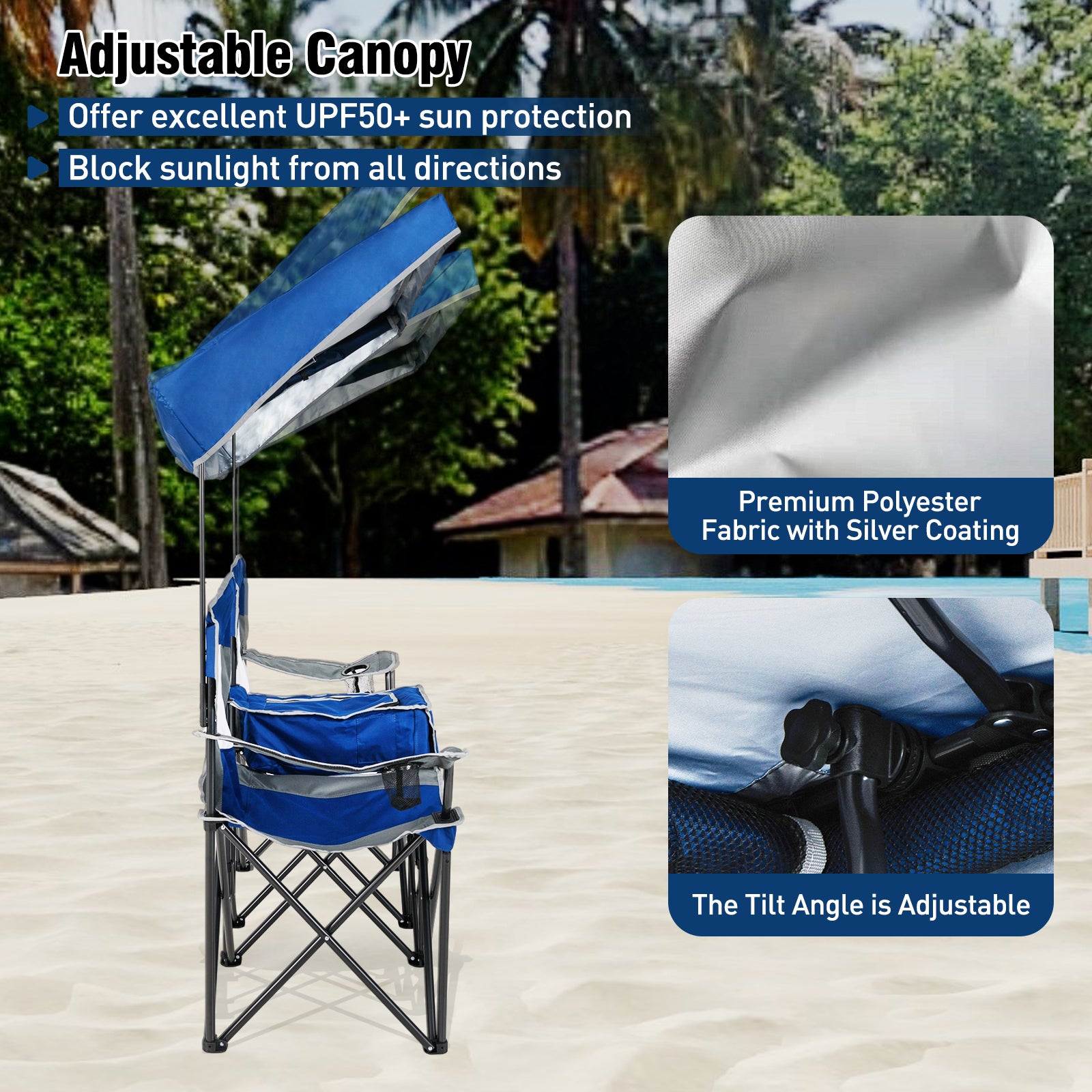 Double Beach Chair, Adjustable Canopy, 3-Side Shading Curtains, Navy Beach & Lawn Chairs at Gallery Canada