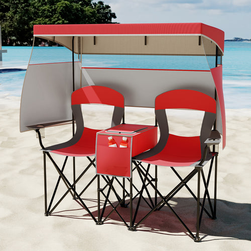 Double Beach Chair, Adjustable Canopy, 3-Side Shading Curtains, Red