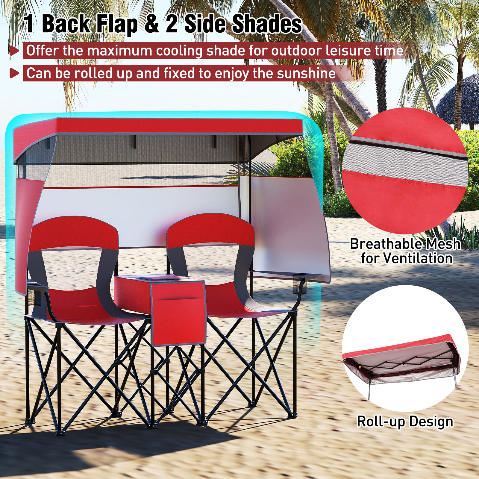 Double Beach Chair, Adjustable Canopy, 3-Side Shading Curtains, Red Beach & Lawn Chairs at Gallery Canada