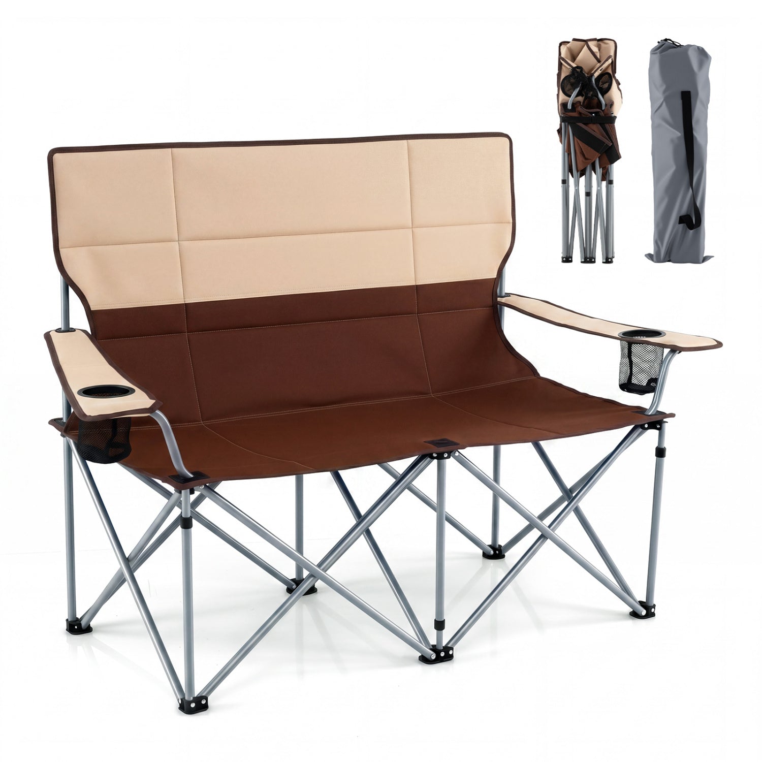 Double Camping Chair, With Carry Bag And Cup Holders, Brown Camping Furniture Brown at Gallery Canada