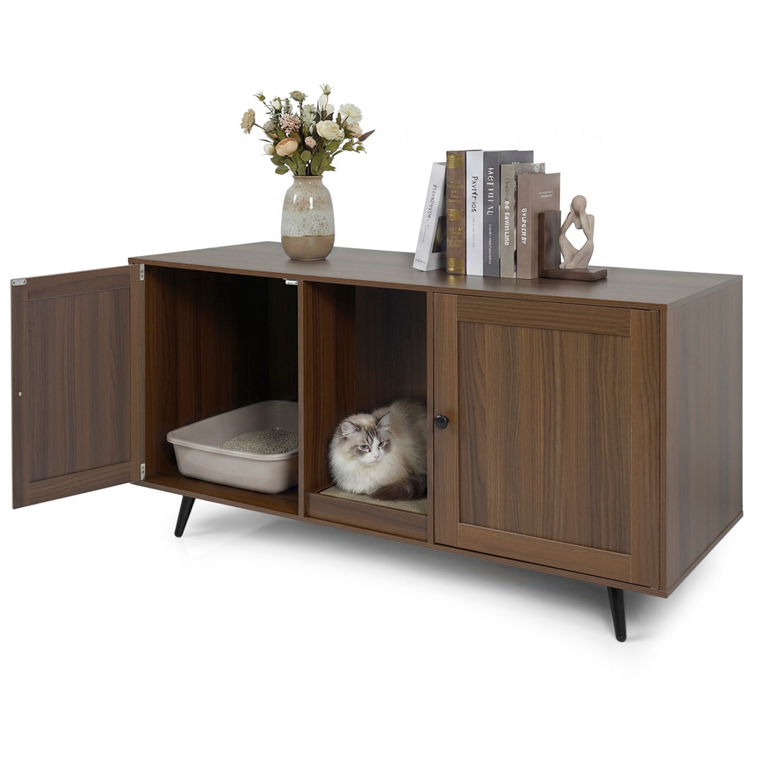 Double Cat Litter Box Enclosure for 2 Cats with Scratching Pad and Double Rooms, Walnut Cat Houses at Gallery Canada