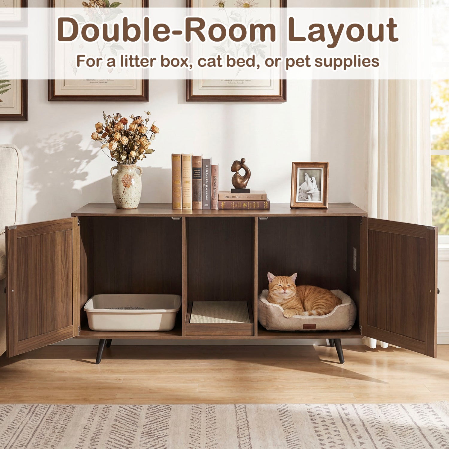 Double Cat Litter Box Enclosure for 2 Cats with Scratching Pad and Double Rooms, Walnut Cat Houses at Gallery Canada