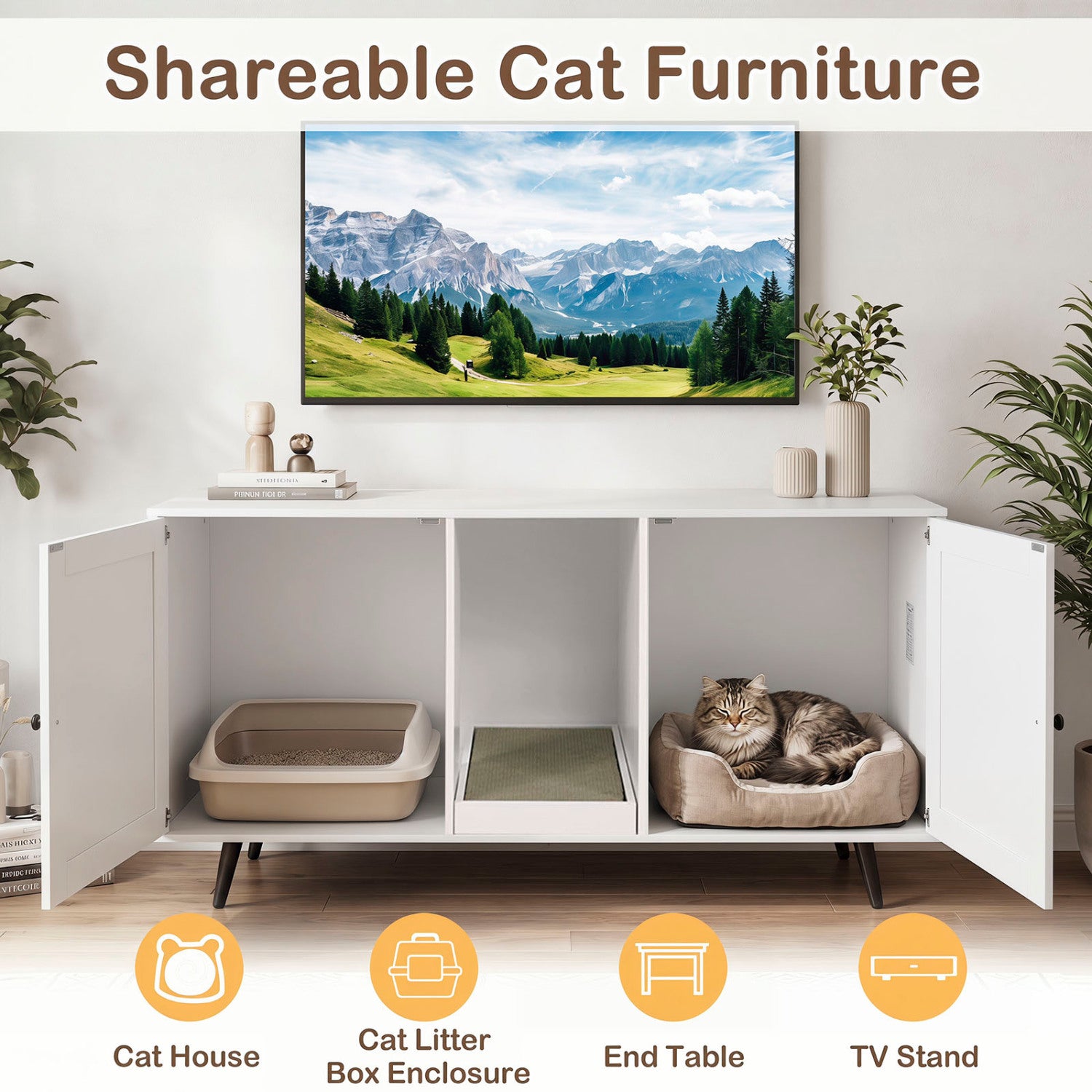 Double Cat Litter Box Enclosure, White Cat Houses at Gallery Canada