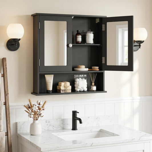 Double Door Wall Mounted Bathroom Mirror Cabinet With Storage Shelf, Black Wall Cabinets Black at Gallery Canada