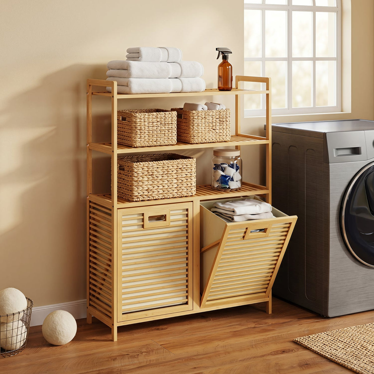 Double Tilt Out Laundry Hamper, 3 Shelves, 2 Baskets, Natural Laundry Baskets at Gallery Canada