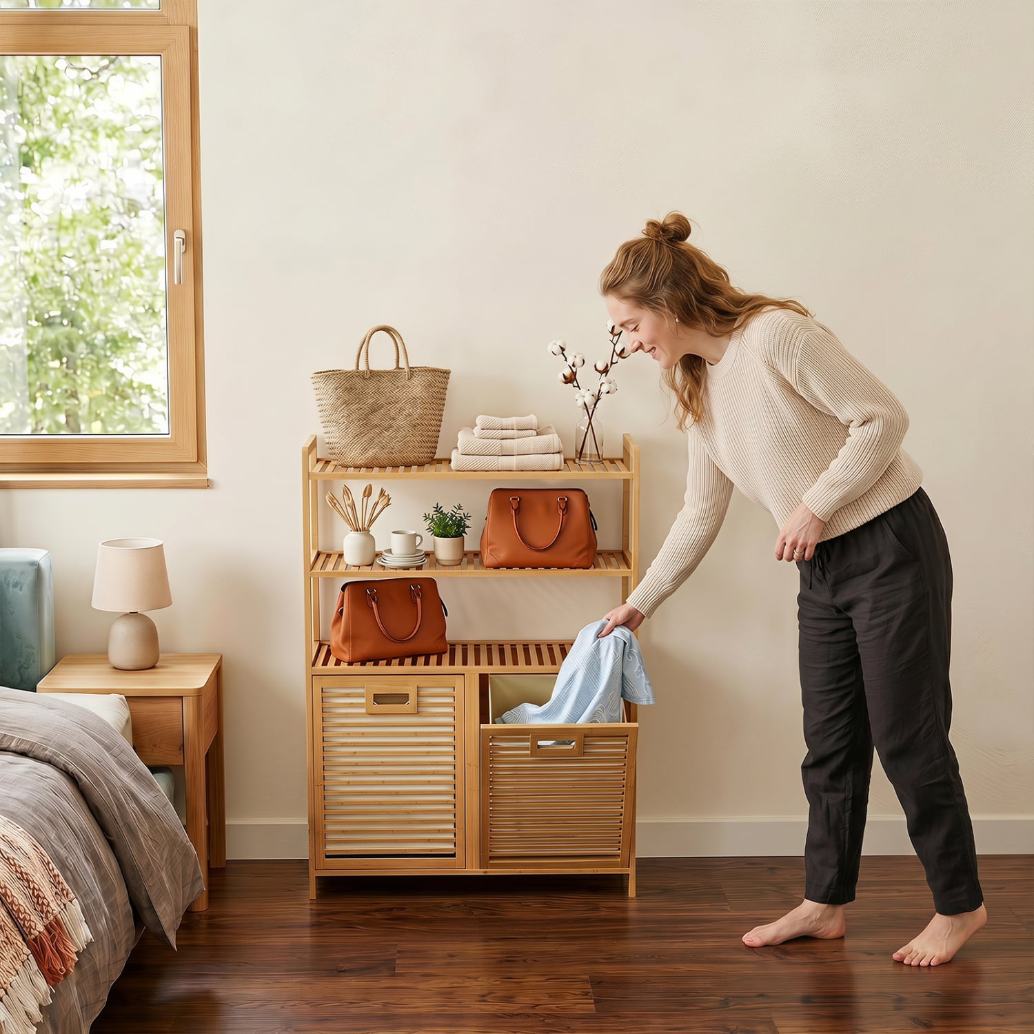 Double Tilt Out Laundry Hamper, 3 Shelves, 2 Baskets, Natural Laundry Baskets at Gallery Canada