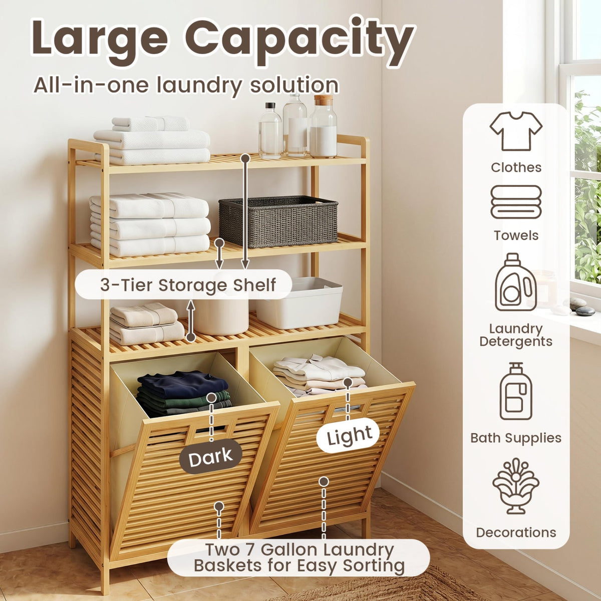 Double Tilt Out Laundry Hamper, 3 Shelves, 2 Baskets, Natural Laundry Baskets at Gallery Canada