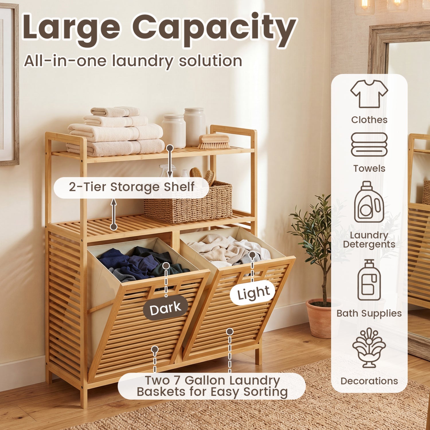 Double Tilt Out Laundry Hamper, 2 Shelves, Natural Laundry Baskets at Gallery Canada