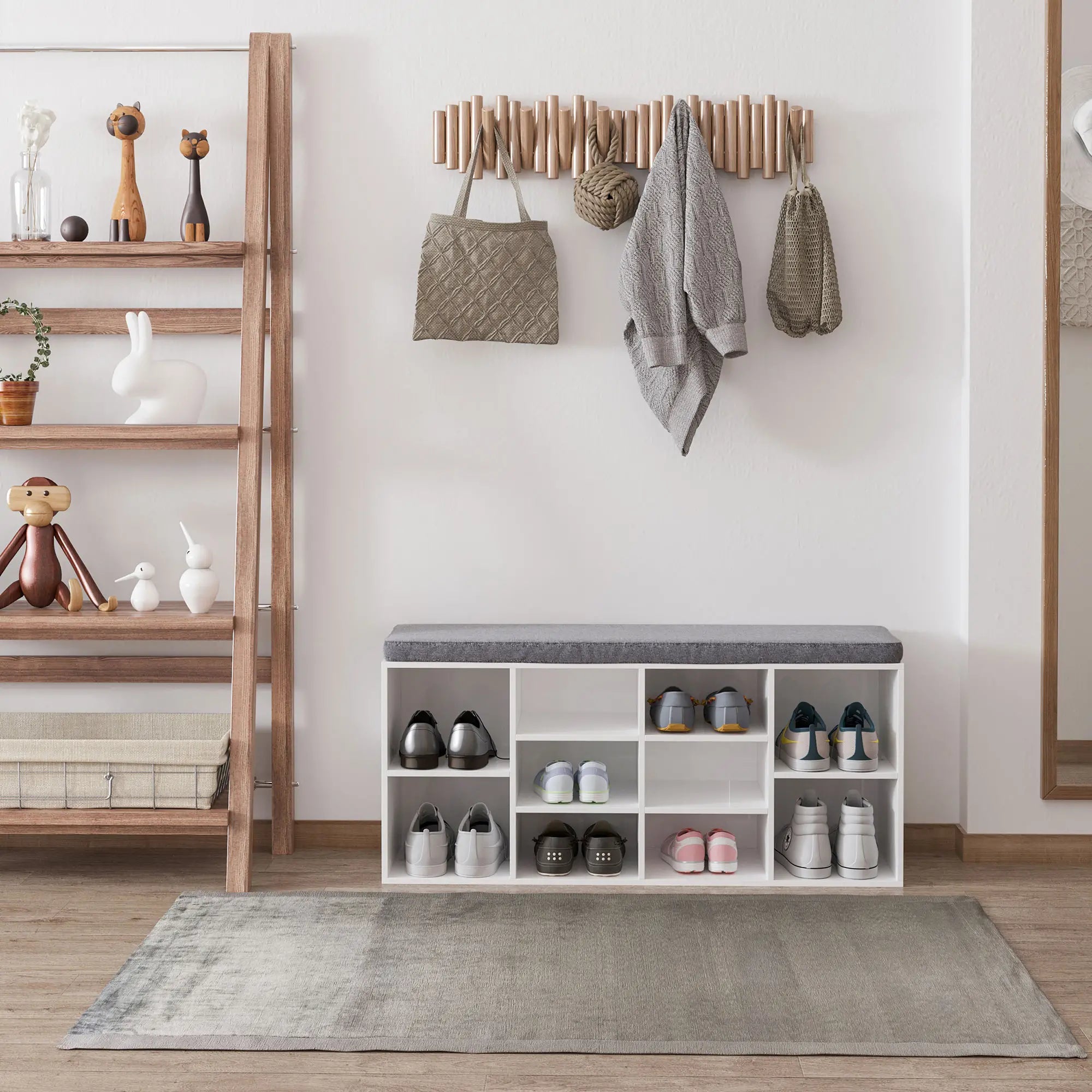 Shoe Bench with Storage, Upholstered Entryway Bench, Adjustable Shelves, White Shoe Storage Cabinets & Racks at Gallery Canada