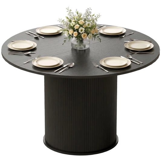 47 Inch Round Dining Table For 5, Fluted Pedestal Base, Black Dining Tables Black Wood Grain at Gallery Canada