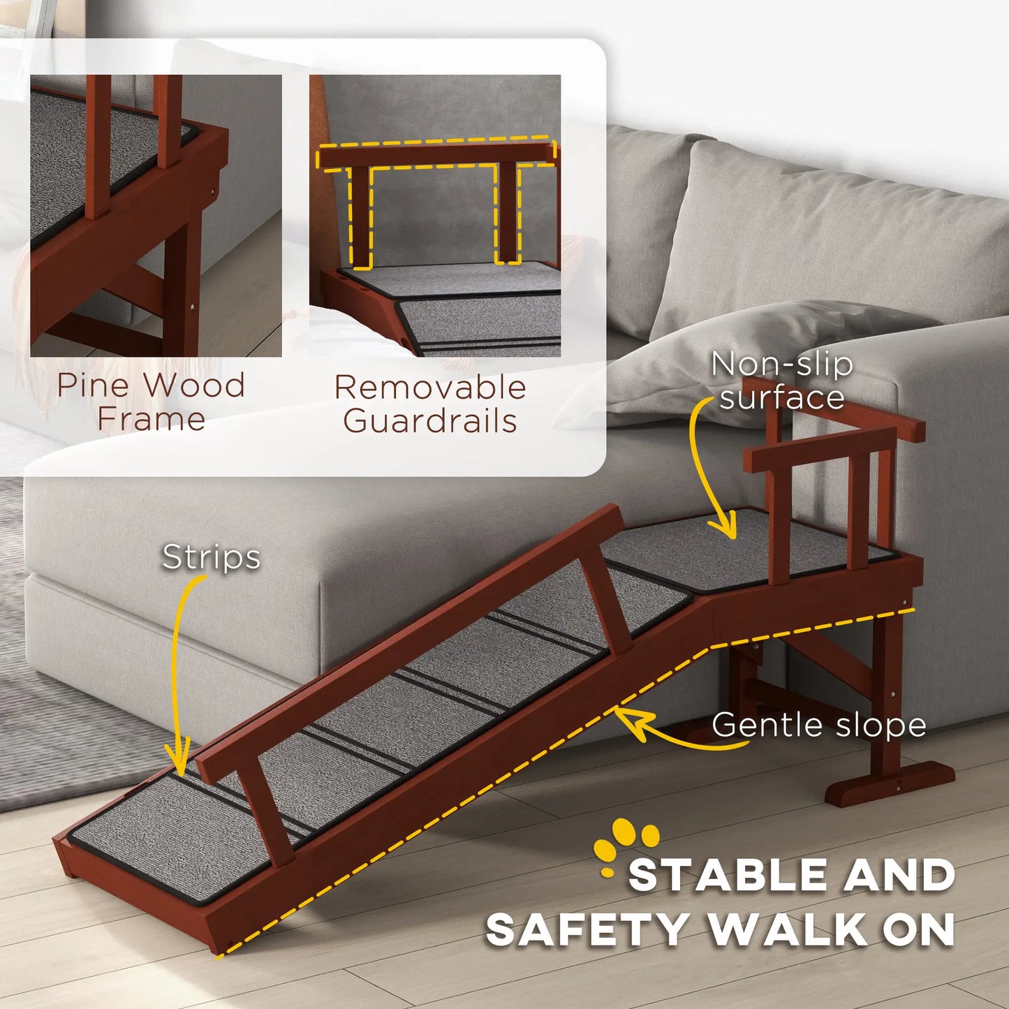 Wooden Dog Ramp, 49" Long, Non-Slip Rug, Removable Guardrails, Brown Dog Stairs at Gallery Canada