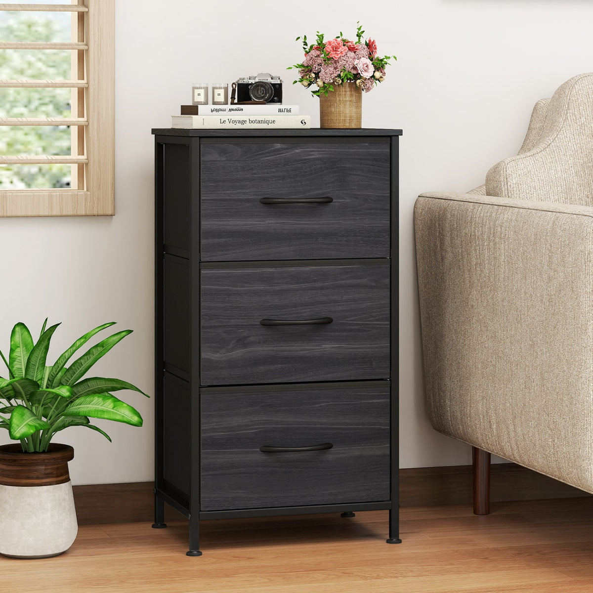 Dresser Nightstand, Fabric Drawers, Metal Frame, Wood Grain, Black Dressers & Chests at Gallery Canada