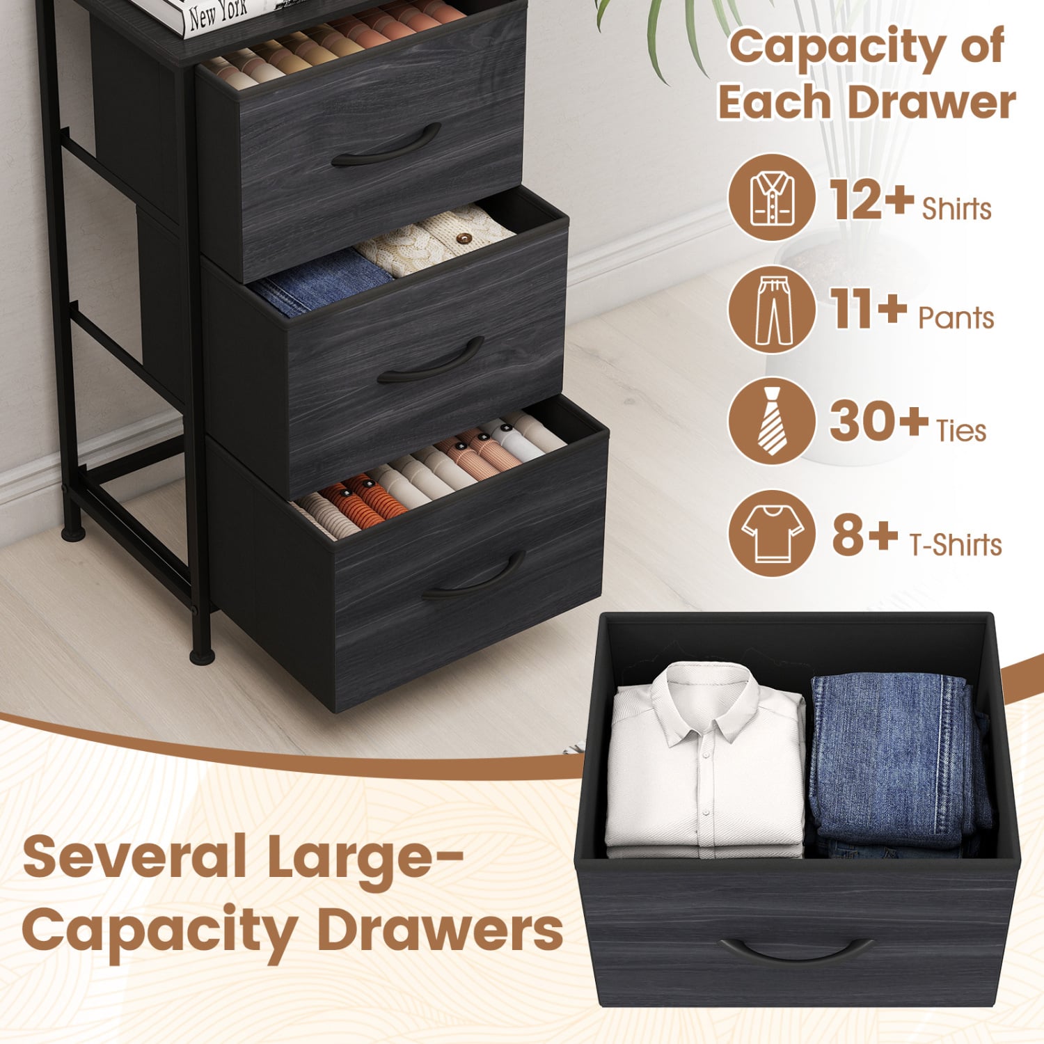 Dresser Nightstand, Fabric Drawers, Metal Frame, Wood Grain, Black Dressers & Chests at Gallery Canada