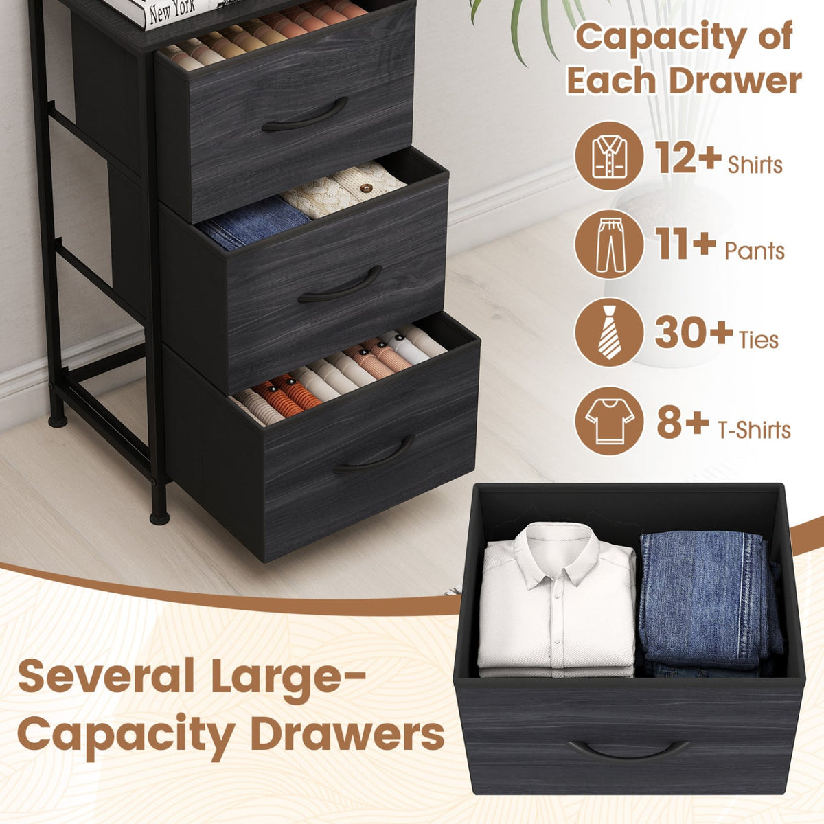 Dresser Nightstand, Fabric Drawers, Metal Frame, Wood Grain, Black Dressers & Chests at Gallery Canada