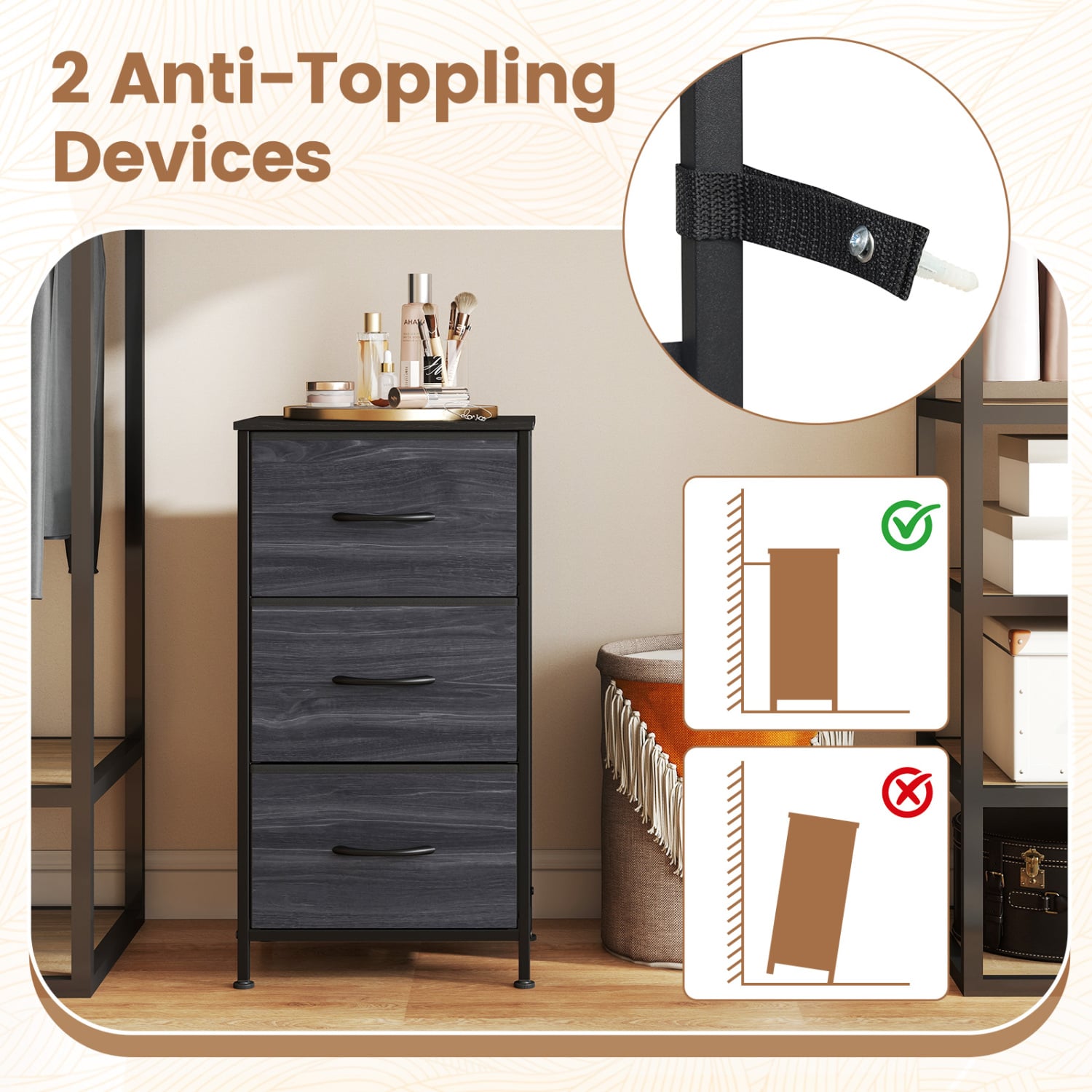 Dresser Nightstand, Fabric Drawers, Metal Frame, Wood Grain, Black Dressers & Chests at Gallery Canada