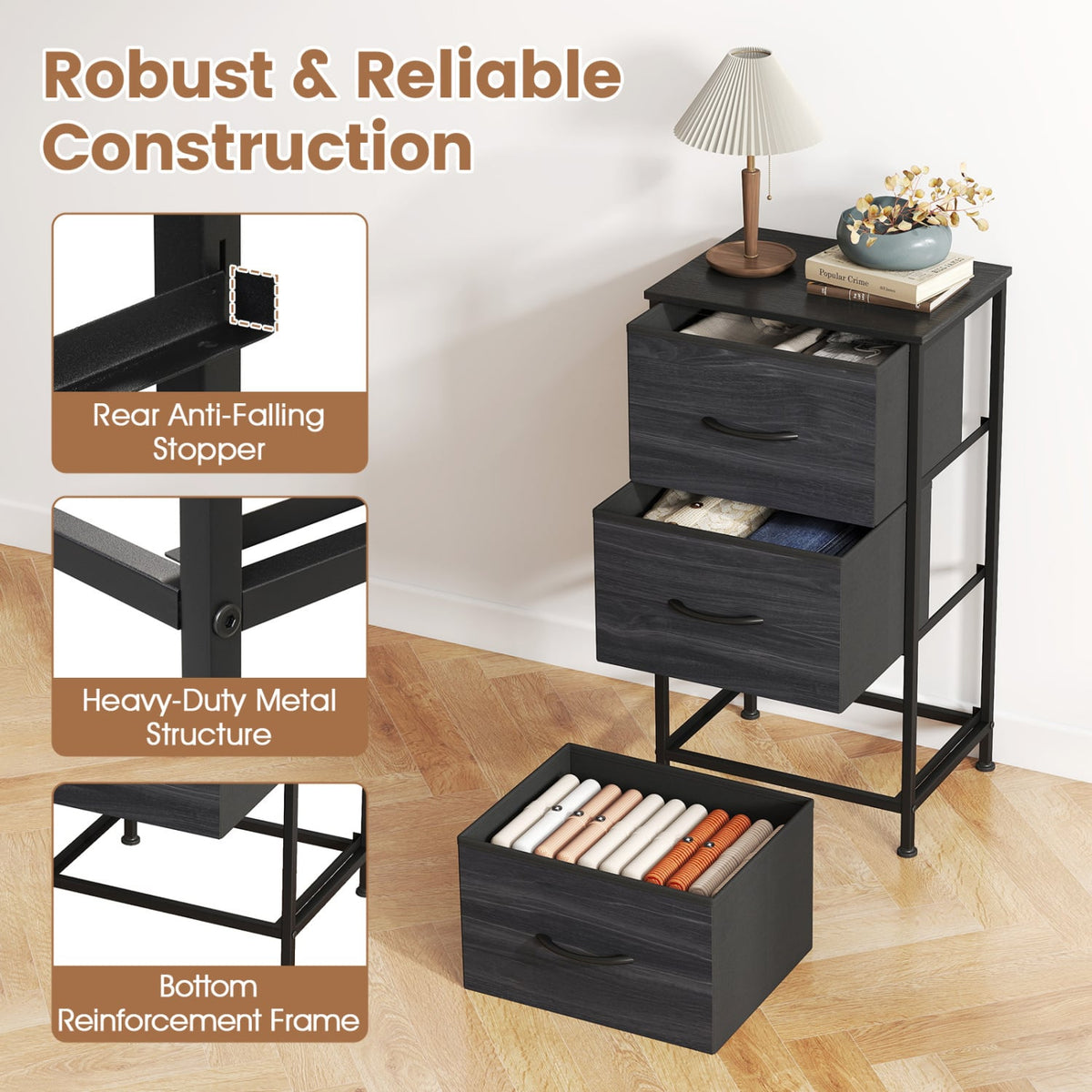 Dresser Nightstand, Fabric Drawers, Metal Frame, Wood Grain, Black Dressers & Chests at Gallery Canada