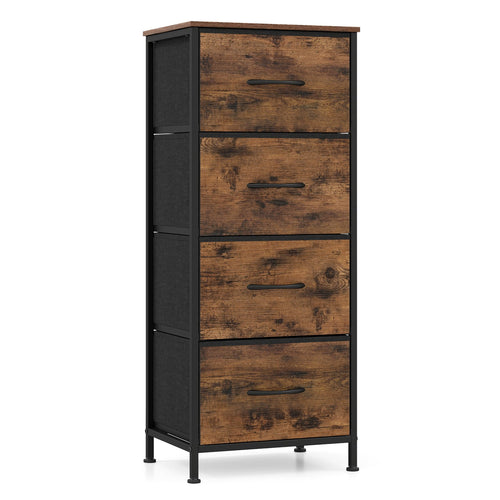 Rustic Dresser Nightstand, 4 Fabric Drawers, Metal Frame, Brown