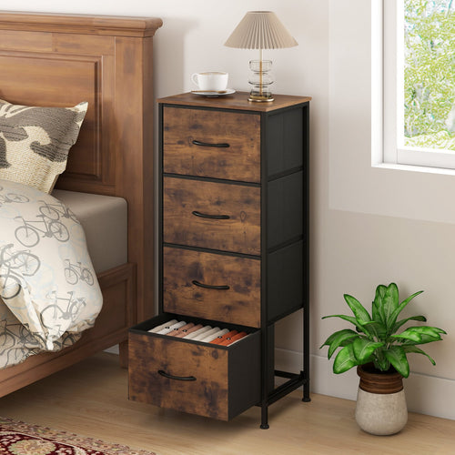 Rustic Dresser Nightstand, 4 Fabric Drawers, Metal Frame, Brown