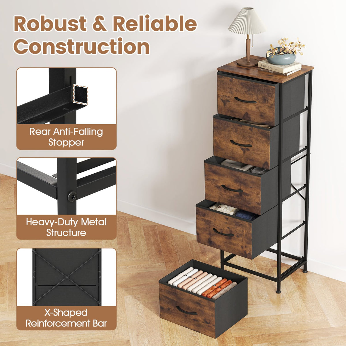 5 Fabric Drawer Dresser Nightstand, Rustic Brown Dressers & Chests at Gallery Canada