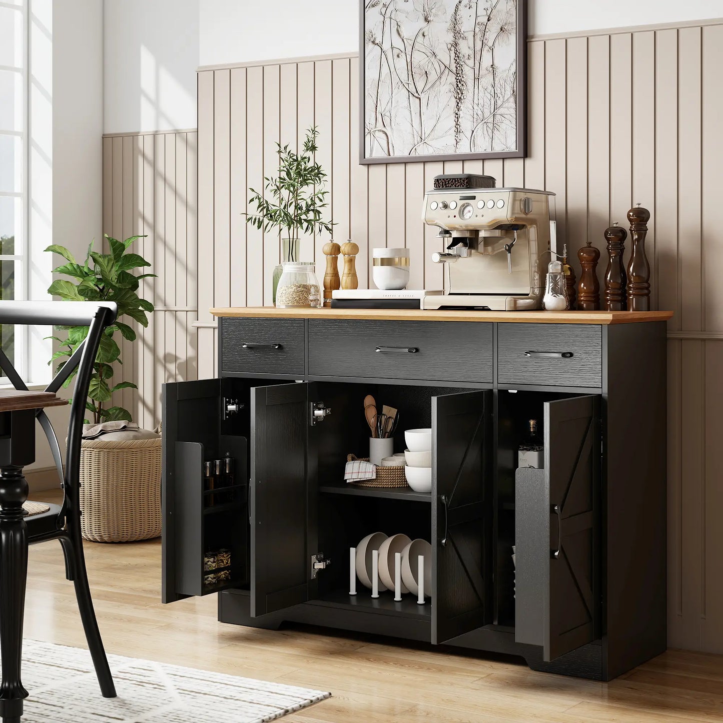 47" Buffet Cabinet, Farmhouse Sideboard, 3 Drawers, Adjustable Shelves, Black Bar Cabinets at Gallery Canada