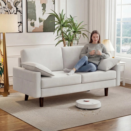 3 Seater Sofa, Velvet Upholstered Couch, Cream White