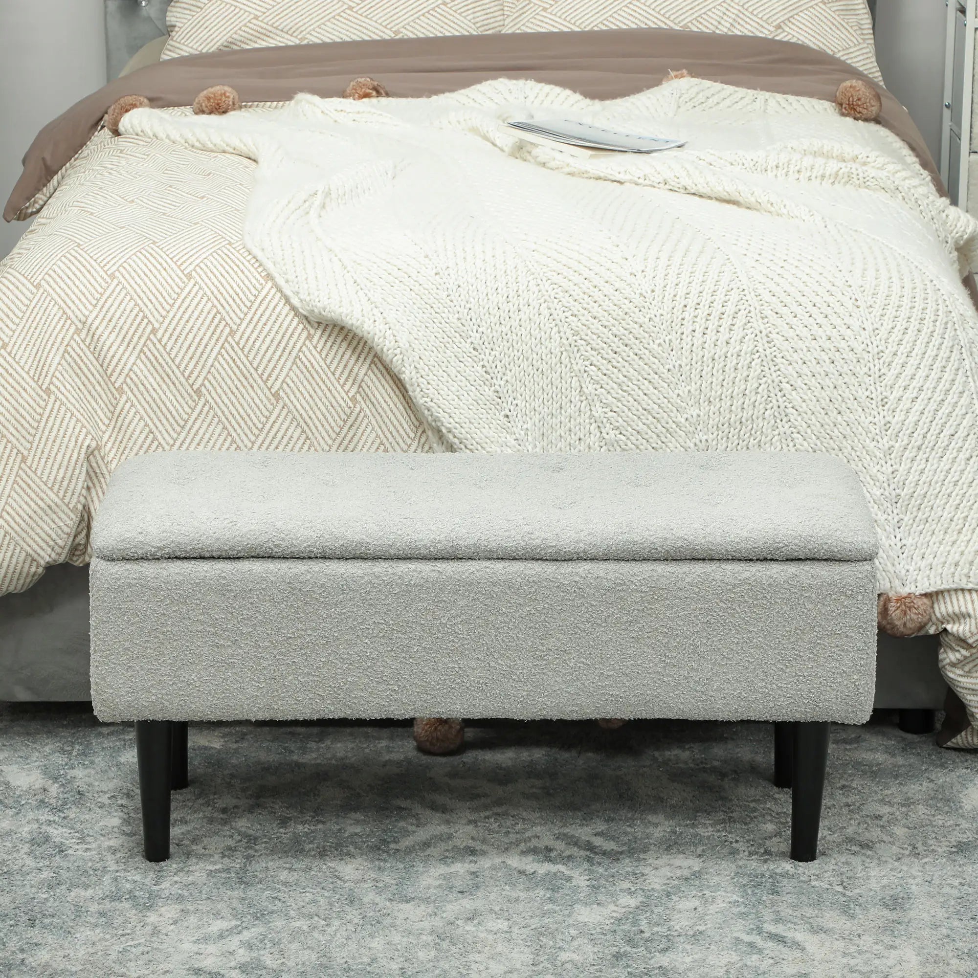 Modern Storage Bench, Ottoman with Lamb's Wool Upholstery, Grey Storage Ottomans & Benches at Gallery Canada