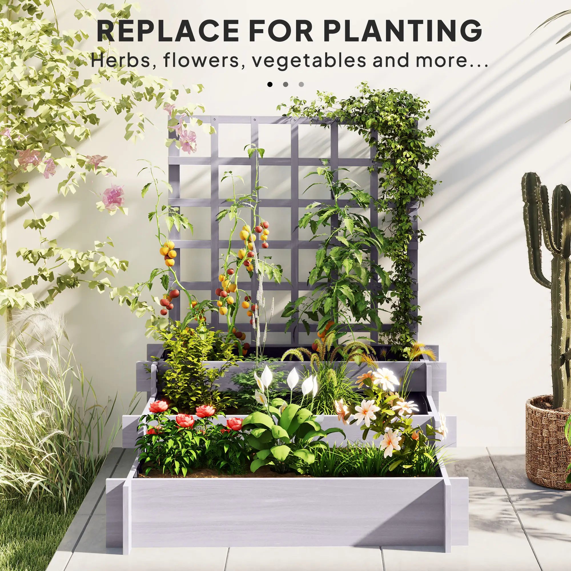 Wooden Elevated Planter Box with Trellis, 3 Tier Raised Garden Bed, Grey Raised Garden Beds at Gallery Canada