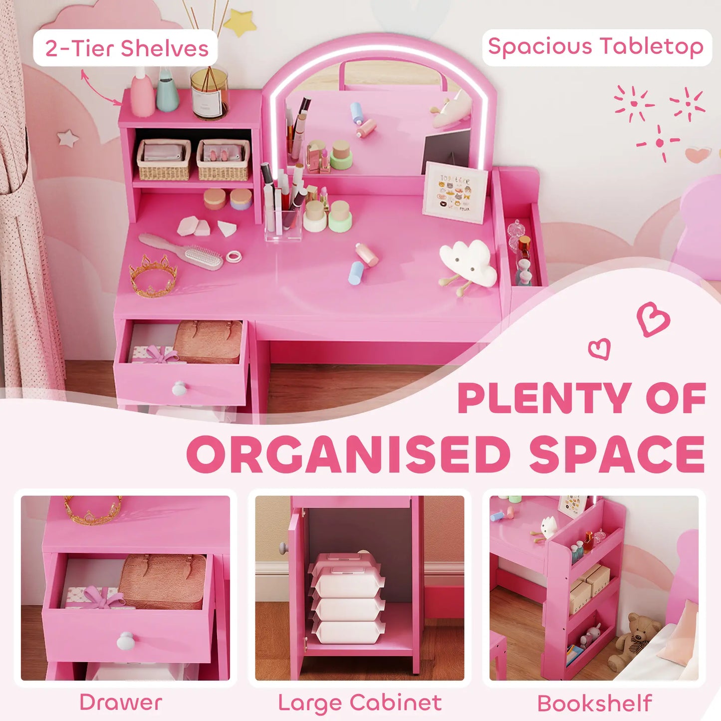 Kids Vanity Set, Toddler Dressing Table and Chair, Lighted Mirror, Pink Toy Vanity at Gallery Canada