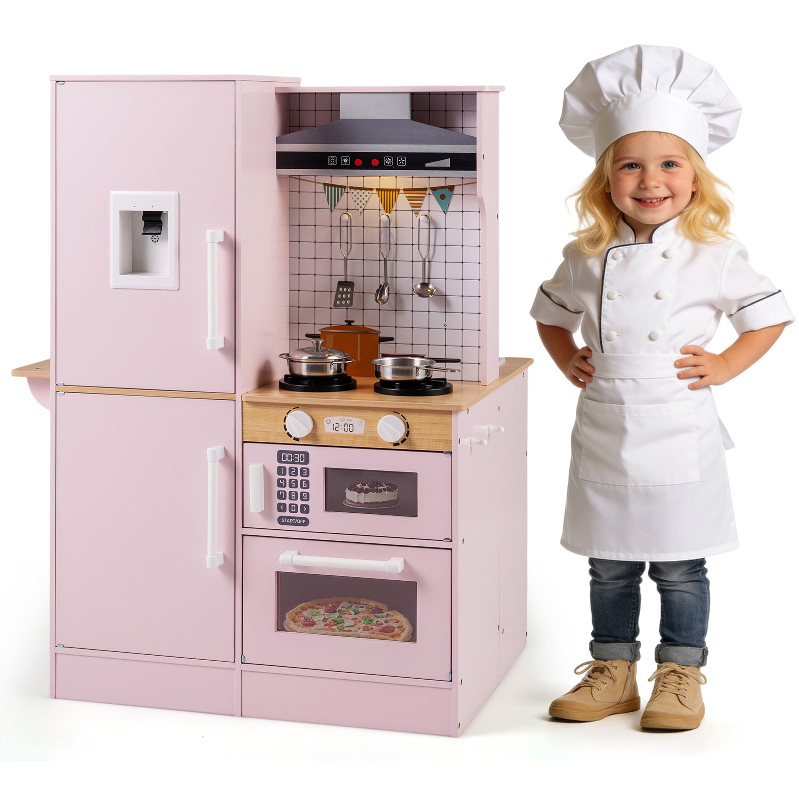 Dual-Sided Kids Play Kitchen with Water Dispenser and Range Hood for 3+ Years Old, Pink Play Kitchen Sets Pink at Gallery Canada
