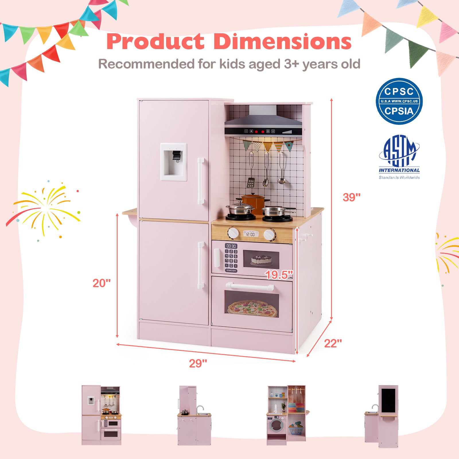 Dual-Sided Kids Play Kitchen with Water Dispenser and Range Hood for 3+ Years Old, Pink Play Kitchen Sets at Gallery Canada