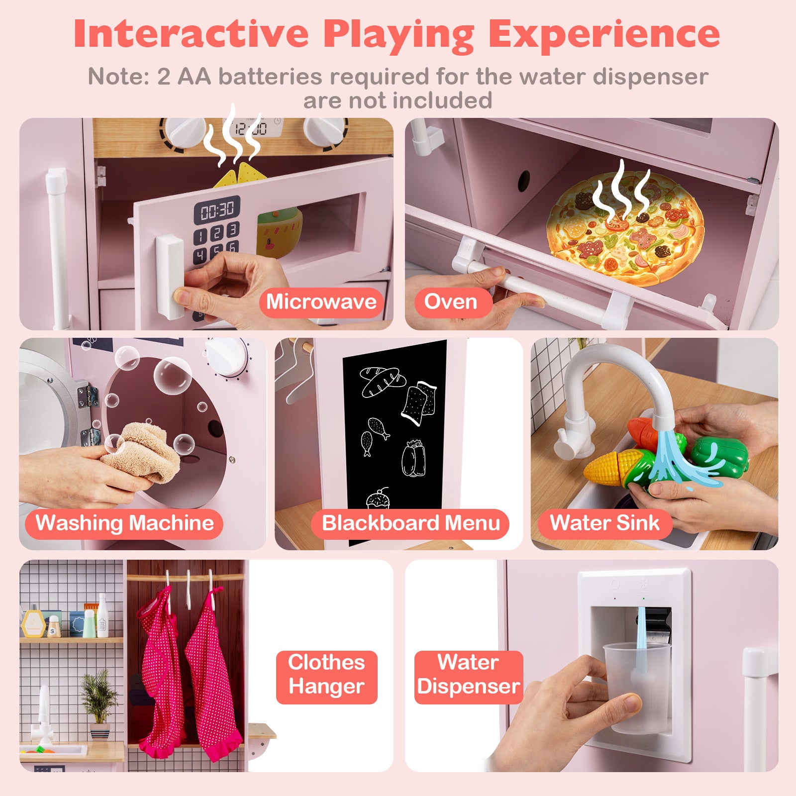 Dual-Sided Kids Play Kitchen with Water Dispenser and Range Hood for 3+ Years Old, Pink Play Kitchen Sets at Gallery Canada